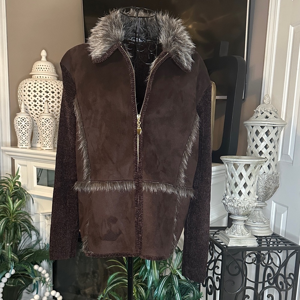 Lisa International Dark Brown Teddy Jacket with Faux Fur Trim